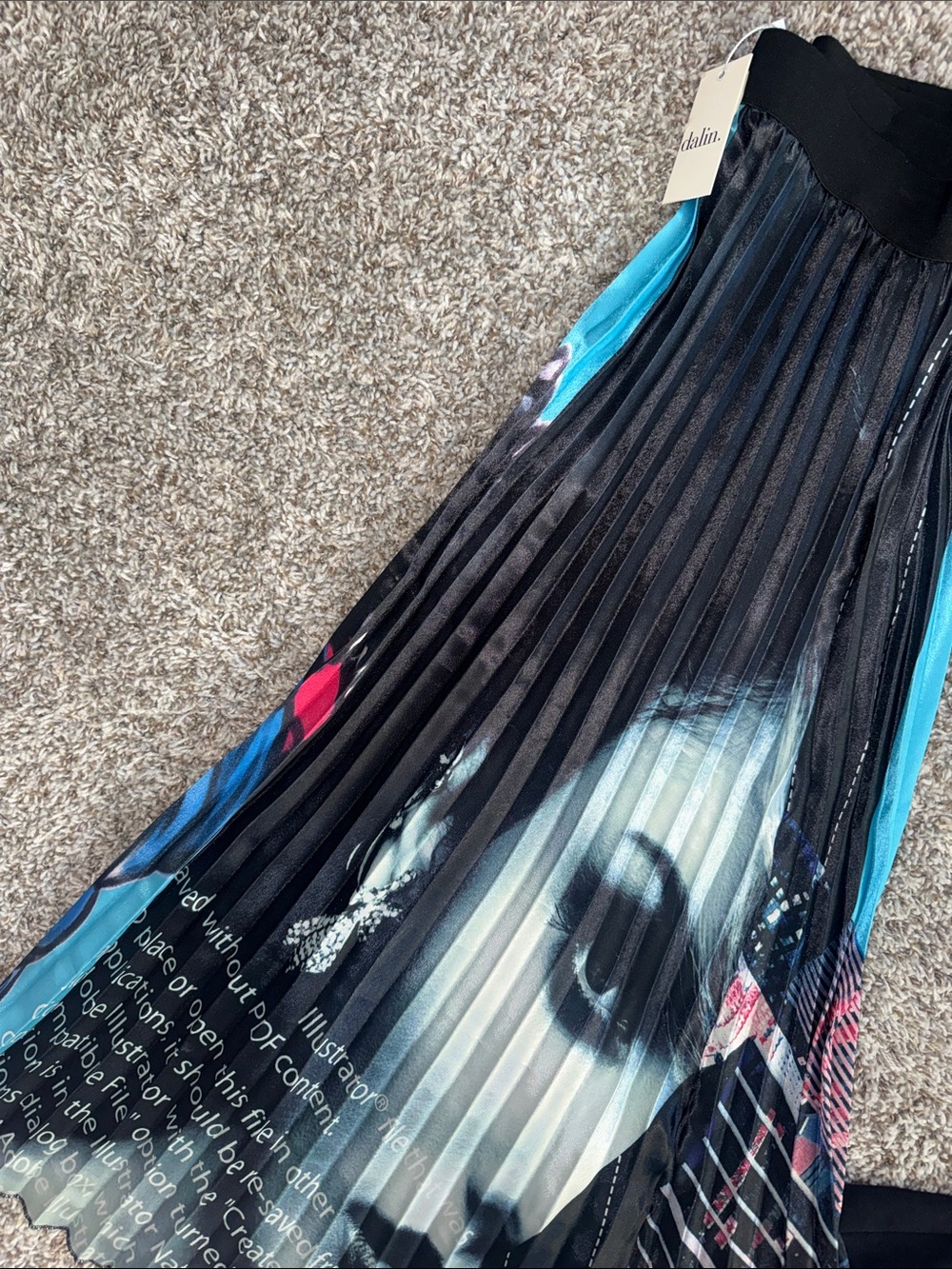 Pleated Graphic Midi Skirt in Black with Blue & Pink Accents